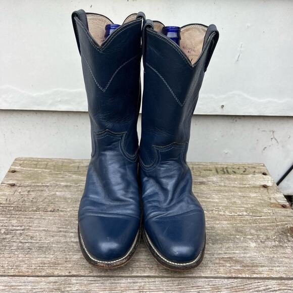 Vintage 90s Justin Roper Navy Blue Cowgirl Western Pull On Leather Boots 6 1/2B - Picture 2 of 6